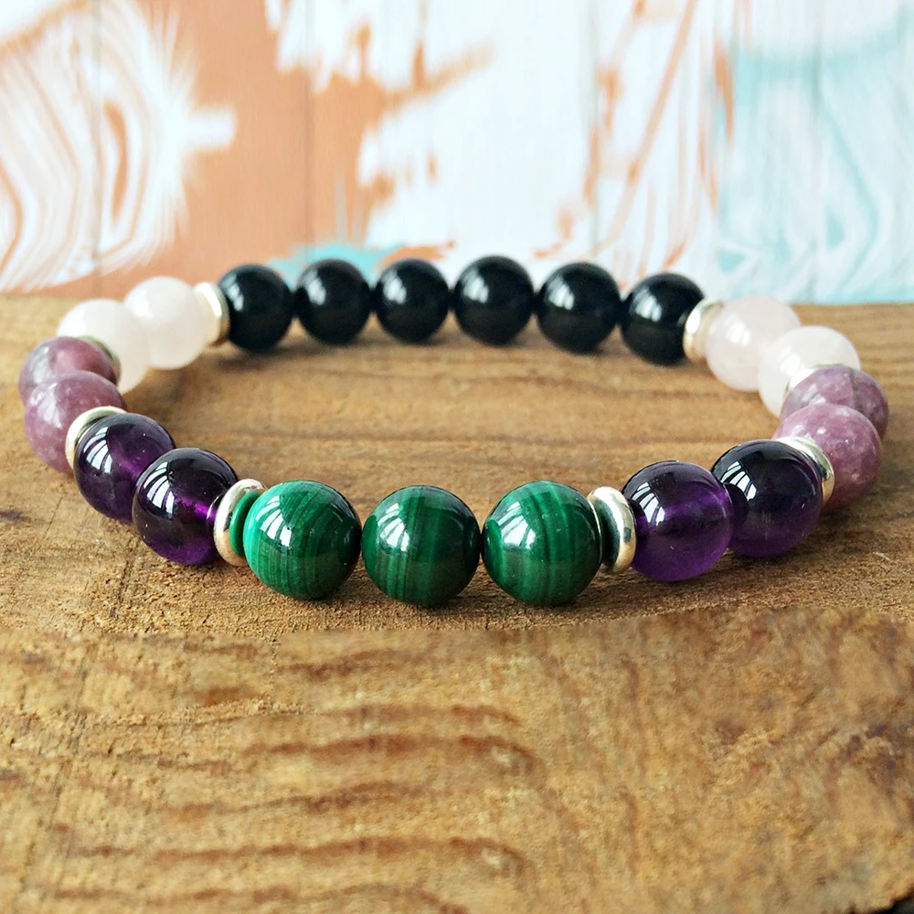 MG0324 Natural  AAA Grand Malachite Bracelet Power Black Onyx Gemstone Bracelet Women`s Lepidolite Amethyst Energy Bracelet