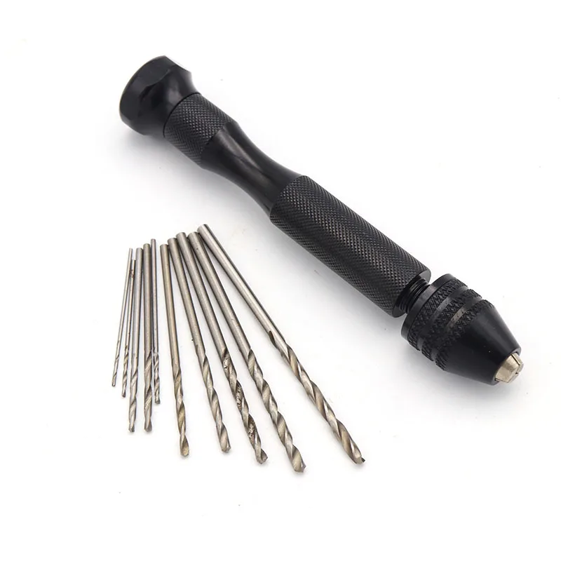 10pcs Alloy Steel Twist Drills Rotary Tools Wood Drilling + 1pc Hand Drill Mini Micro Aluminum Hand Drill Bits Set Rotary Tools