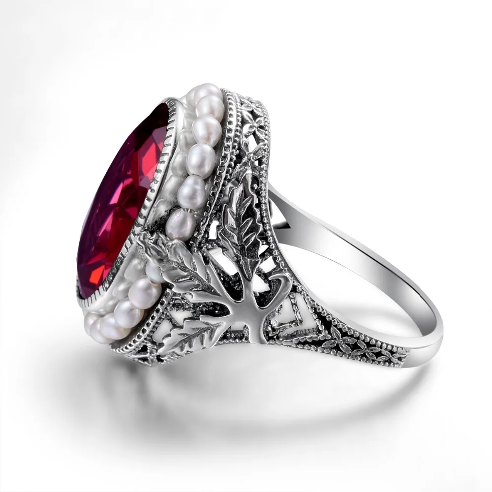Anillo de plata de ley 100% con perlas naturales de agua dulce para mujer, sortija de circonia cúbica con piedras de rubí de laboratorio, elegante, para boda