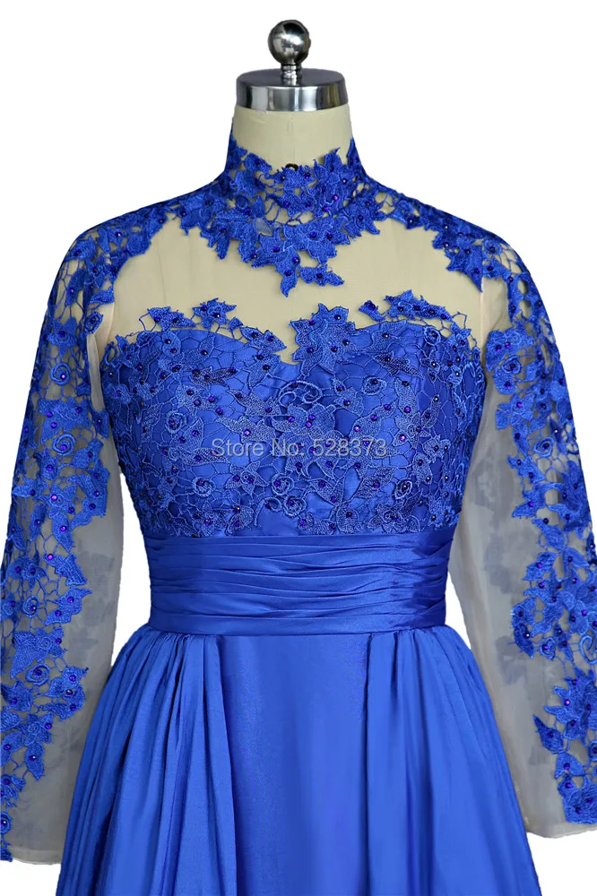 MD146 Royal Blue Taffeta Mother of the Bride/Groom Dress High Neck Long Sleeves Open Back Elegant Outfit for Wedding Events