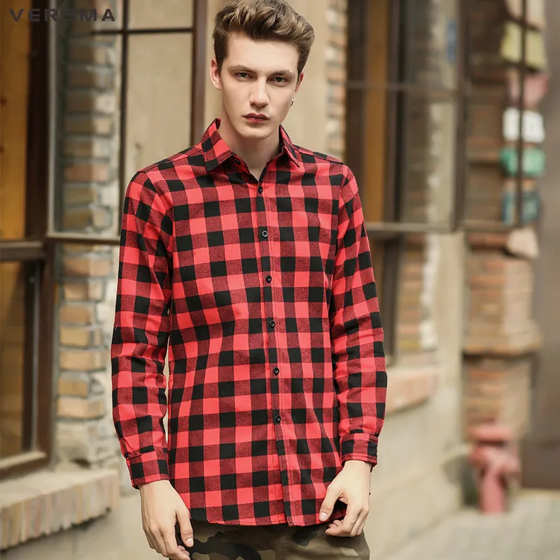 

VERSMA 2017 Hip Hop Casual Double Slider Zipper Red Black Plaid Shirt Men Camisa Chemise Red Checkered Shirt Men Tartan Clothing