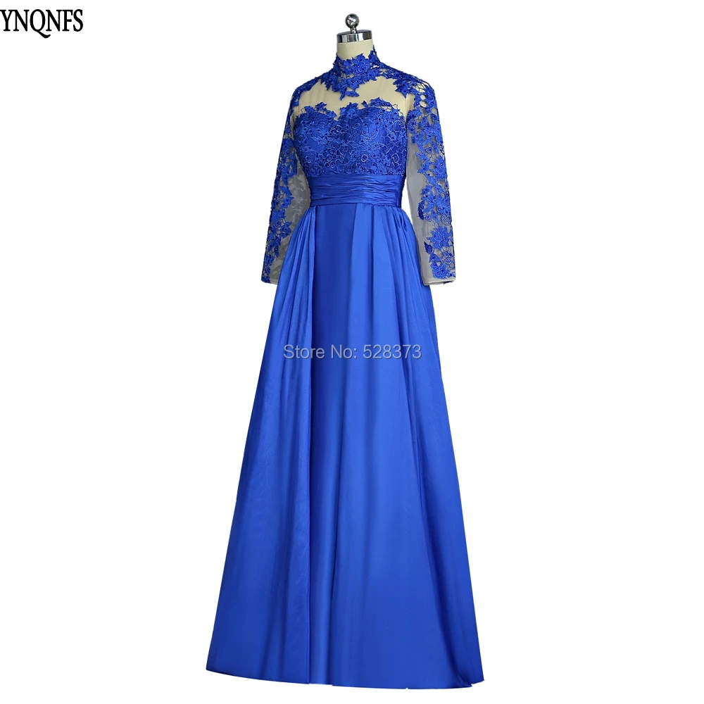 

YNQNFS MD146 Real Pictures Taffeta High Neck Long Sleeves Open Back Royal Blue Mother of the Bride/Groom Dresses Outfits 2019