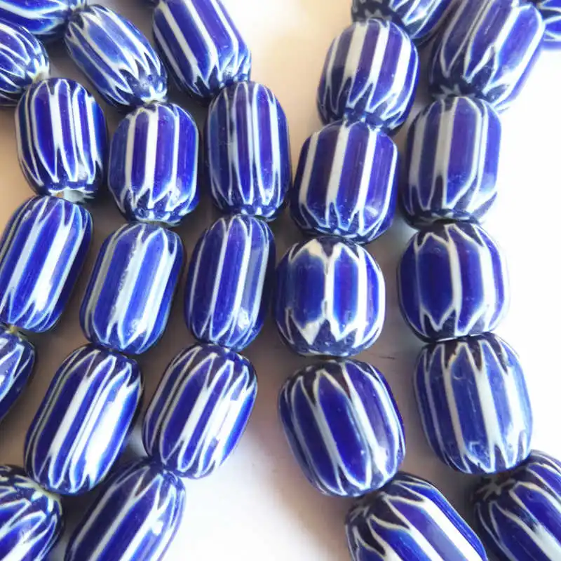 Nepal Hand Antiqued Lampwork Beaded Barrel Strand Necklace Blue and White China TNL222