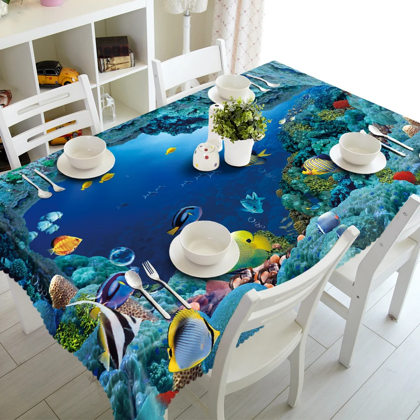 3D Sea View Pattern Tablecloth, Parrot and Elephant Pattern, Waterproof, Thicken Rectangular and Round Table Cloth for Wedding