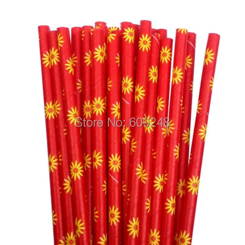 100 Pcs Mixed Colors Yellow Daisy Printed Red Paper Straws, Cheap Cute Floral Party Supplies Paper Drinking Straws Bulk