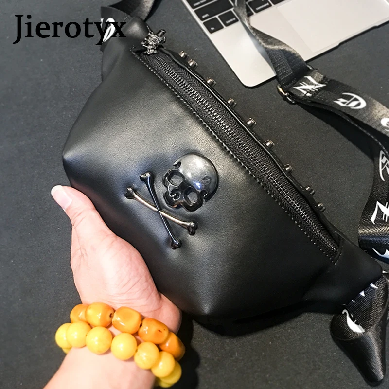 JIEROTYX Rock Skull Women\'s Belt Bag Rivet Chest Bag Steamed Waist Bag Female Banana Bag Punk Fanny Pack Bum Bags Wholesale