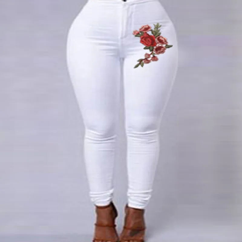 High waist jeans with floral embroidery for women, long denim pants, light blue, casual, fashion, summer