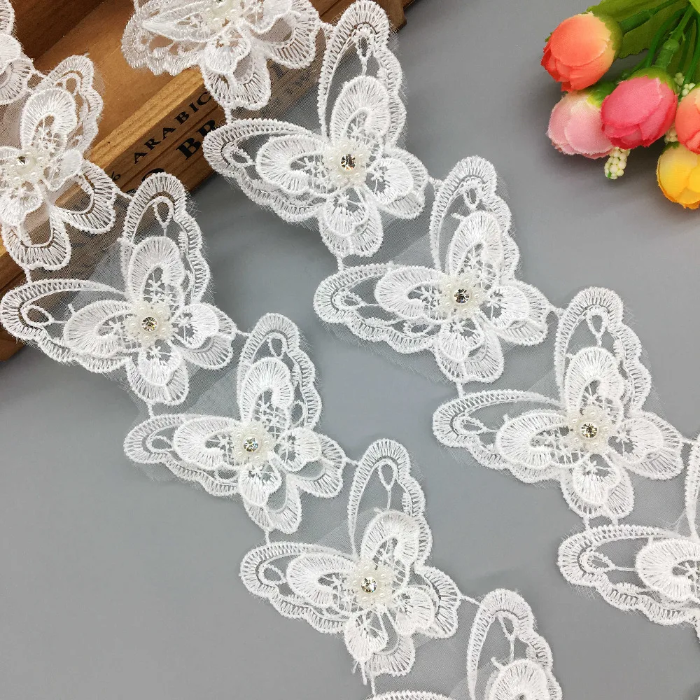 

2 yards 3D Diamond Butterfly Flower Embroidered Lace Trim Applique Trimmings Tulle Ribbon Fabric Wedding Dress Veil Sewing Craft