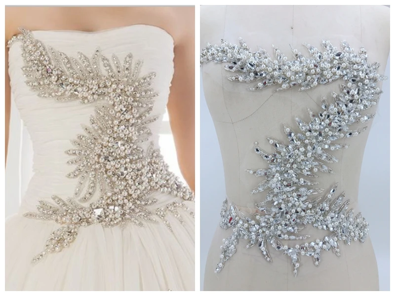 handmade silver white sew on rhinestones pearl applique on mesh crystals trim patches 36*34cm for wedding dress DIY accessories