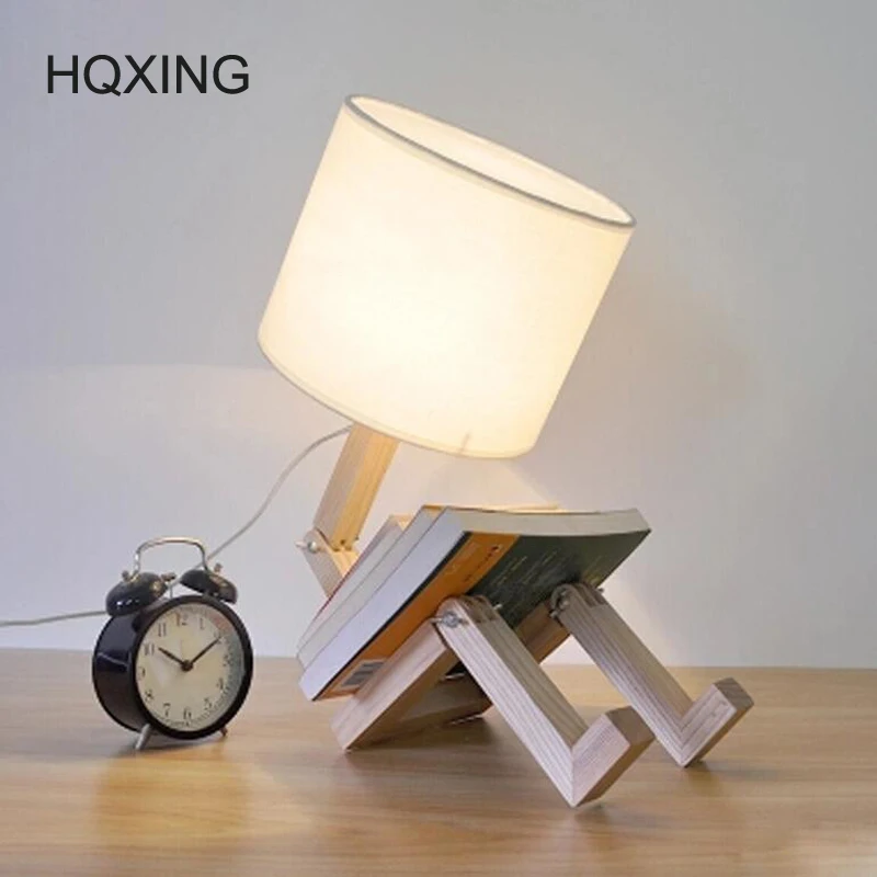 HQXING Modern Robot Shape Wooden Table Lamp E27 Lamp Holder 110-240V Parlor Indoor Study Desktop Lighting Free Shipping