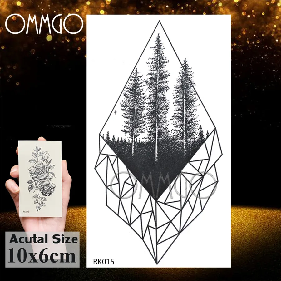 OMMGO Lampadina Albero di Pino Geometrica Temporary Tattoos Sticker Diamante Rotondo Su Ordinazione Del Tatuaggio Body Art Falso Tatuaggi Nero