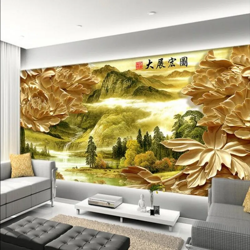 wellyu Custom large - scale fresco exhibition grand three - dimensional peony living room TV backdrop non - woven wallpaper