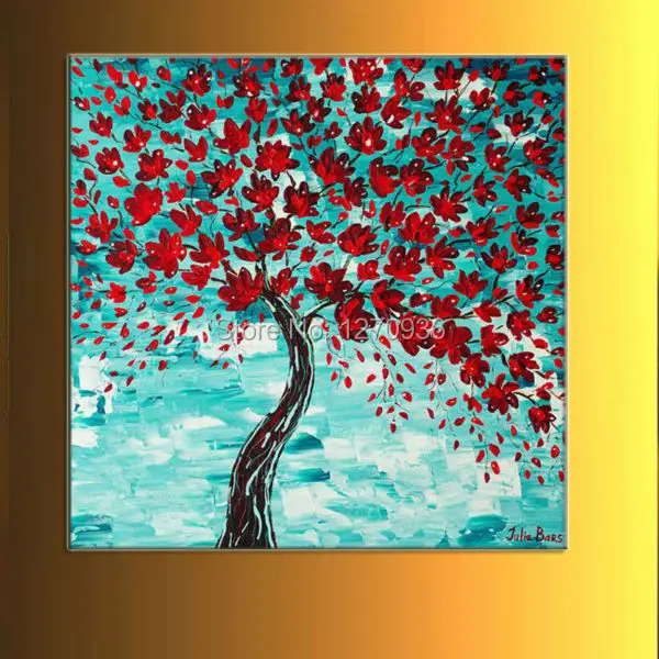 Red Maple Tree Covered with Pale Green Dotted Throughout The Blue Sky Wall Painting for Decor Handmade Oil Painting on Canvas