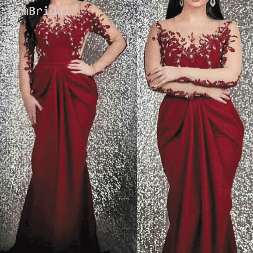 Red prom dresses sheer girocollo appliques del merletto che borda paillettes della sirena red abiti da sera abiti abiti de fiesta