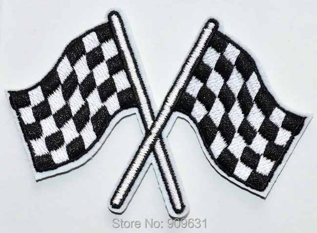 Racing - Checkered Crossed Flags Iron On Patch - Racing Theme