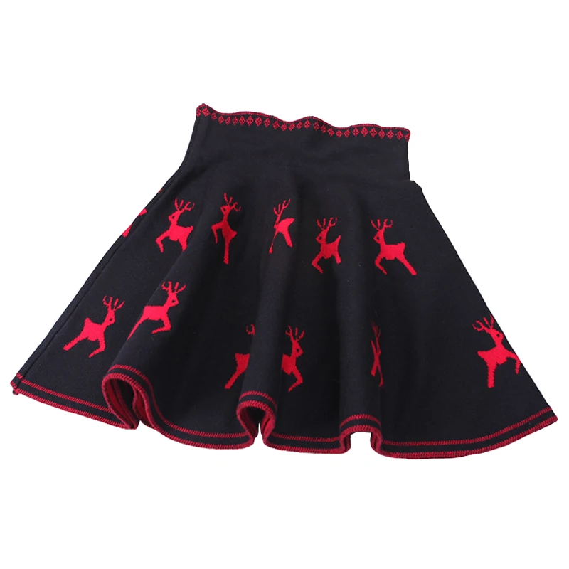 Fall Winter Christmas Elk Pattern Pleated Skirt Girls Princess Skirts Tutu Girl Knitting Skirt Child Clothing