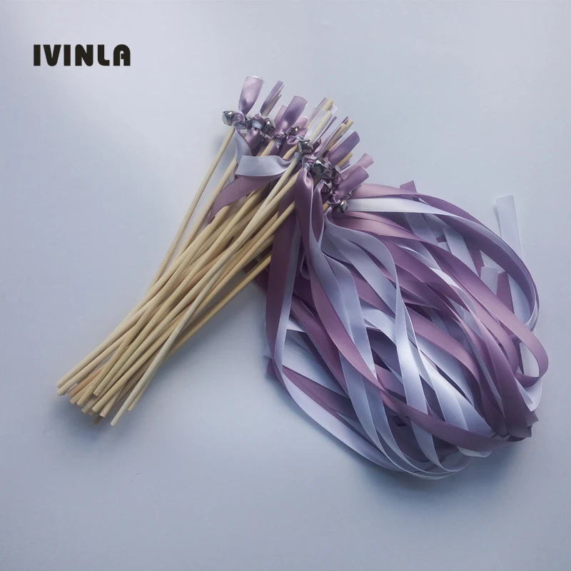 

New Arrived purple + White Wedding Ribbon Stick Wands With Sliver Bell For Wedding decoration