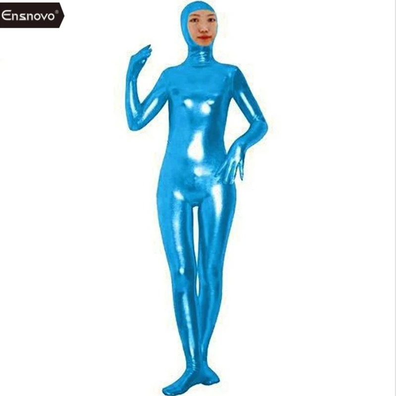 Ensnovo Women Full Body Open Face Zentai Suits Shiny Metallic Bodysuit Custom Skin Suit Halloween Costume Spandex Nylon