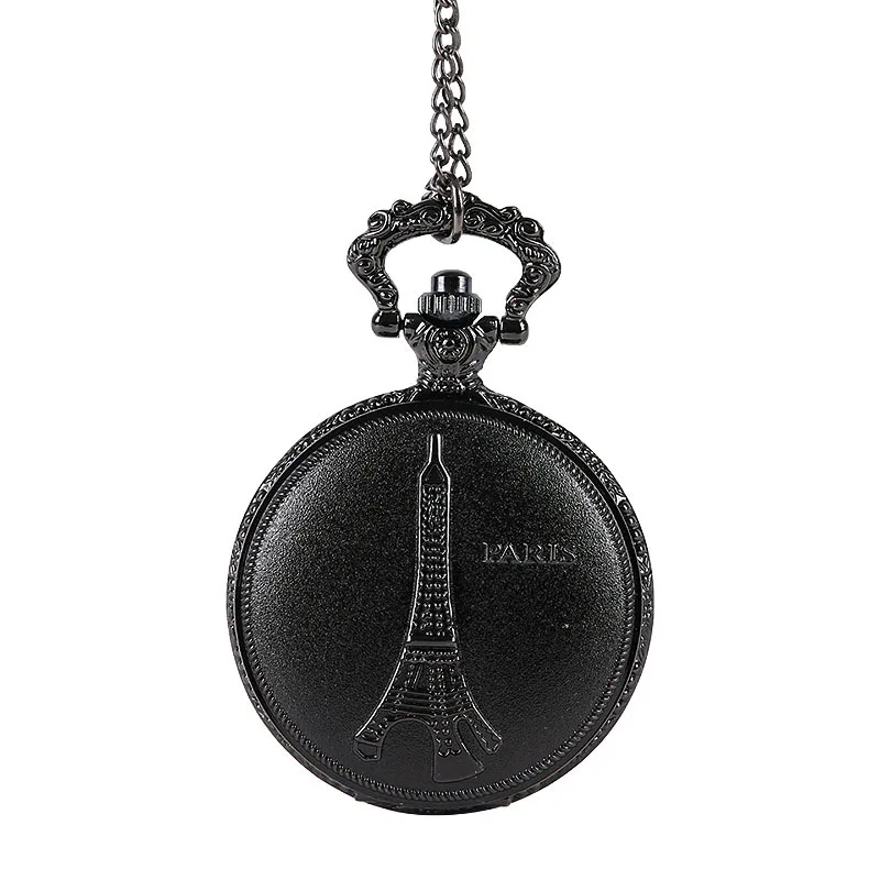 Large Vintage Retro Carved Pocket Watch Black Necklace Matte Texture Eiffel Tower Pocket Watch with Chain