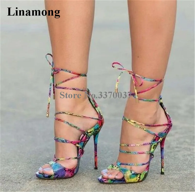 

New Fashion Women Open Toe Snakeskin Strap Cross Thin Heel Gladiator Sandals Lace-up Mixed Colors High Heel Sandals Dress Shoes