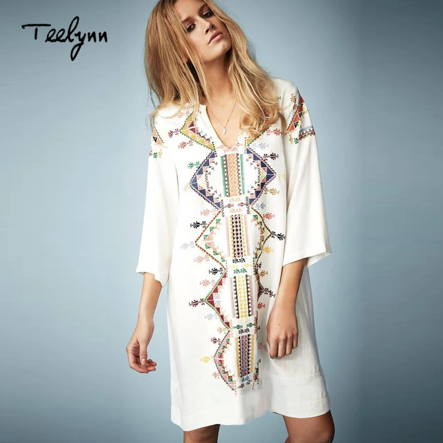 TEELYNN mini abiti per le donne rayon bianco etnico Del Ricamo di estate Del vestito con scollo a v abiti boho gypsy Hippie vestito delle donne abiti