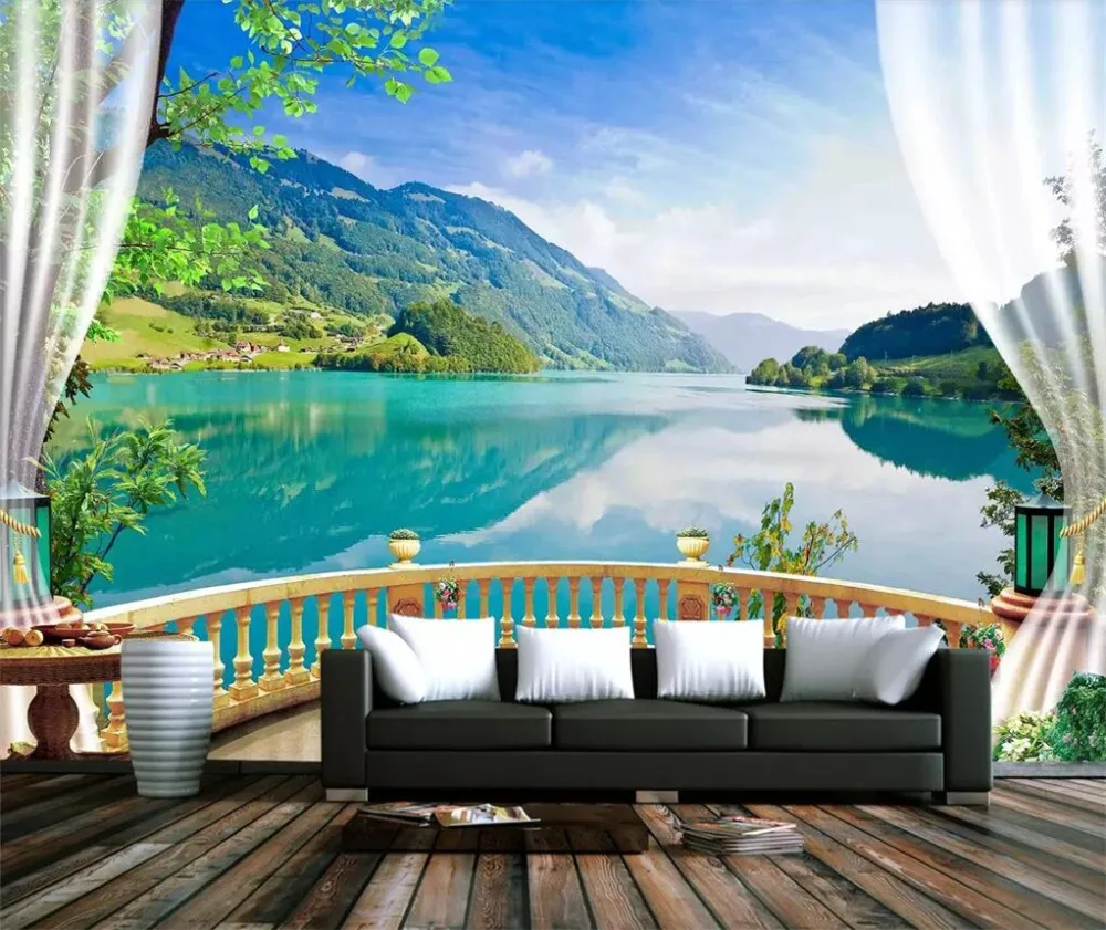 

beibehang Custom wallpaper 3D photo mural forest balcony lake blue sky clear water white clouds river wallpaper papel de parede