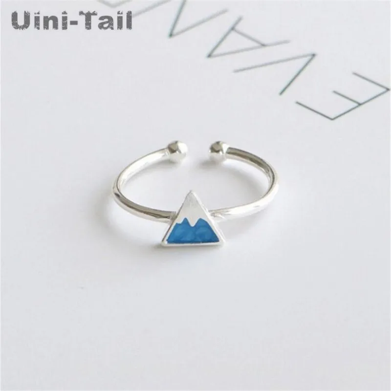 Uini-Tail hot new 925 Tibetan silver blue snow mountain drawing Epoxy opening ring Korea fashion trend iceberg triangle jewelry