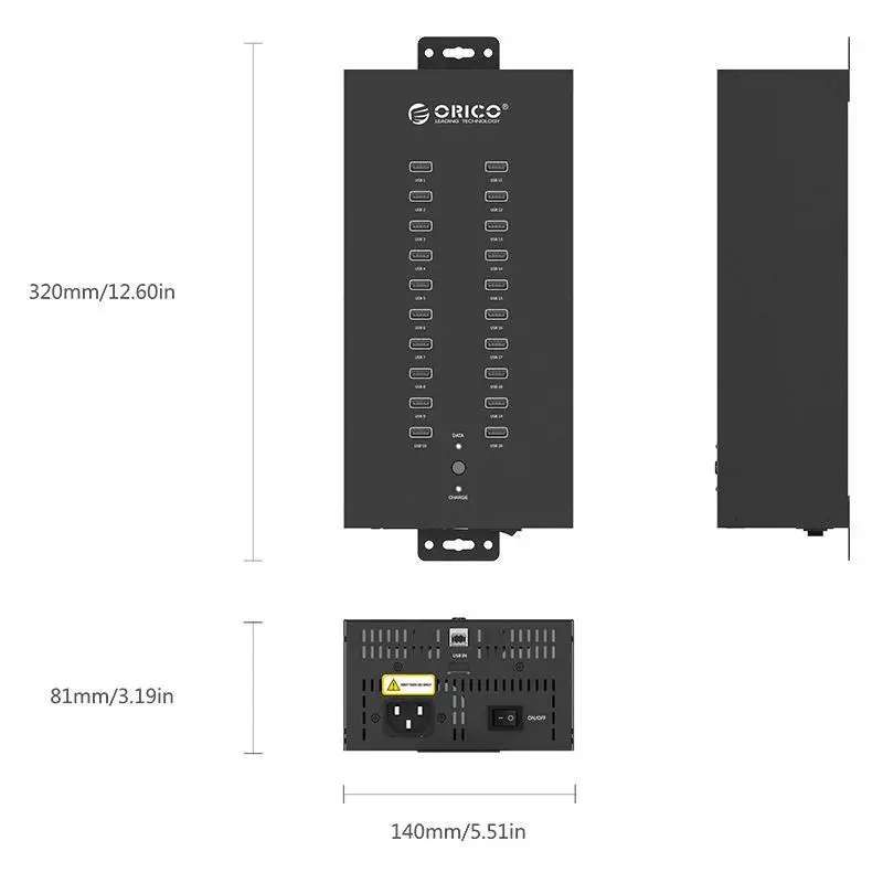 Imagem -06 - Orico Ih20p Usb2.0 Hub 20 Portas Usb Industrial Divisor para Windows Mac os Linux com 150w Integrado Adaptador de Energia Independente