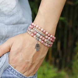 6mm Natural Rhodochrosite Beads Strand Bracelet Women Lotus OM Buddha Charm Yoga Bracelet 108 Mala Necklace Yoga Jewelry