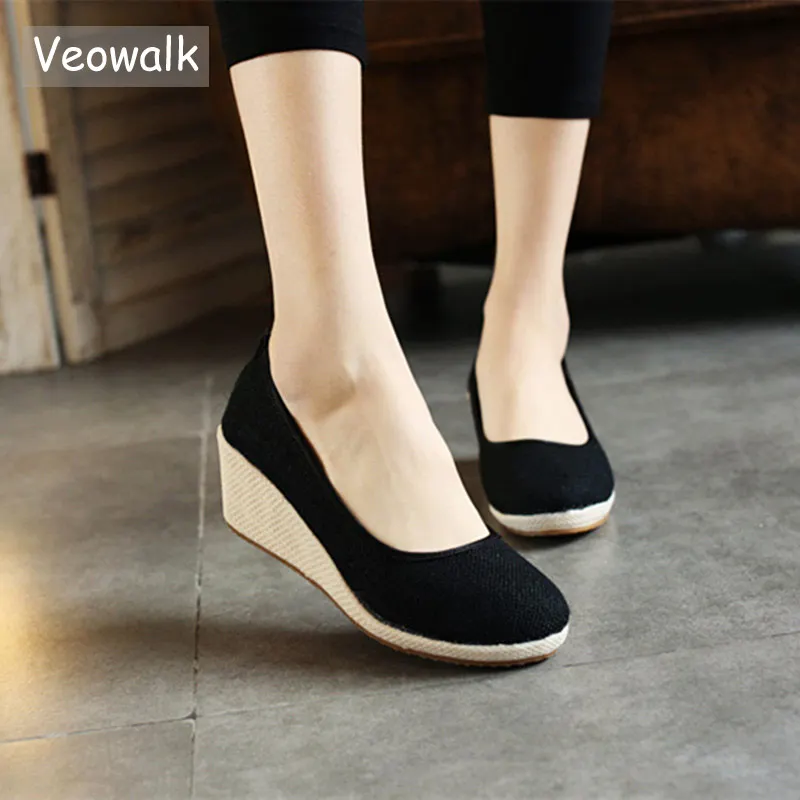 Veowalk Handmade Women Plain Linen Cotton Wedge Espadrilles Vintage Solid Color Ladies High Heel Slip on Platforms Pumps Shoes