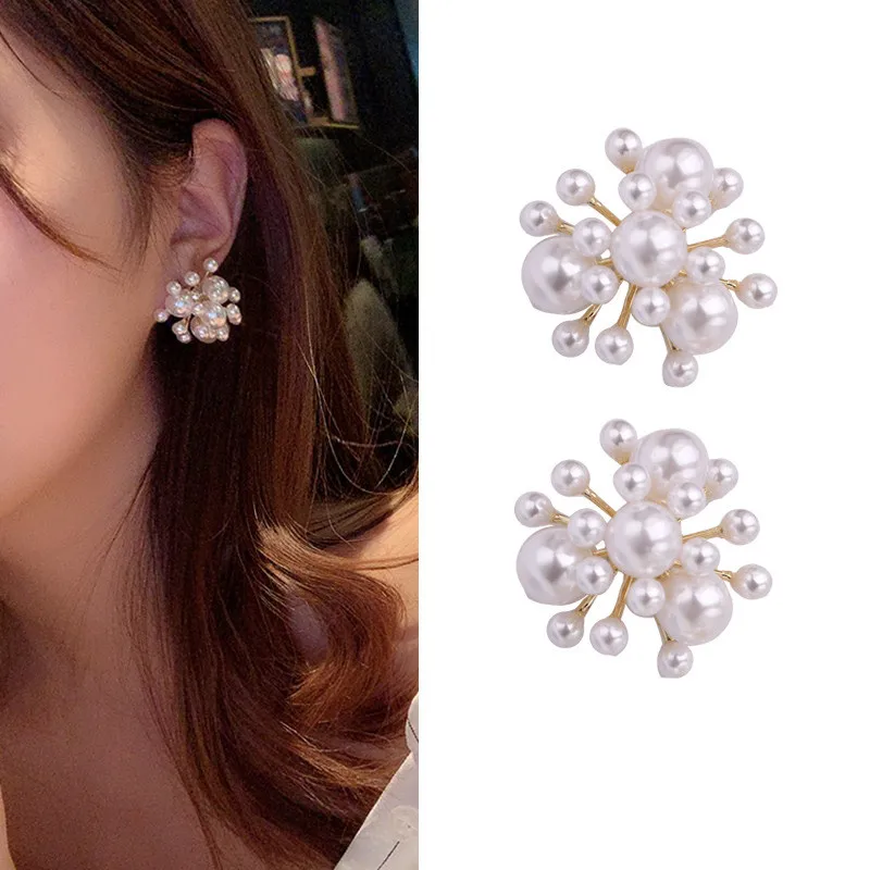 FXLRY New Hot Elegant Personality Simulated Pearl Flower Ball Stud Earrings Trendy Women Girls Party Jewelry