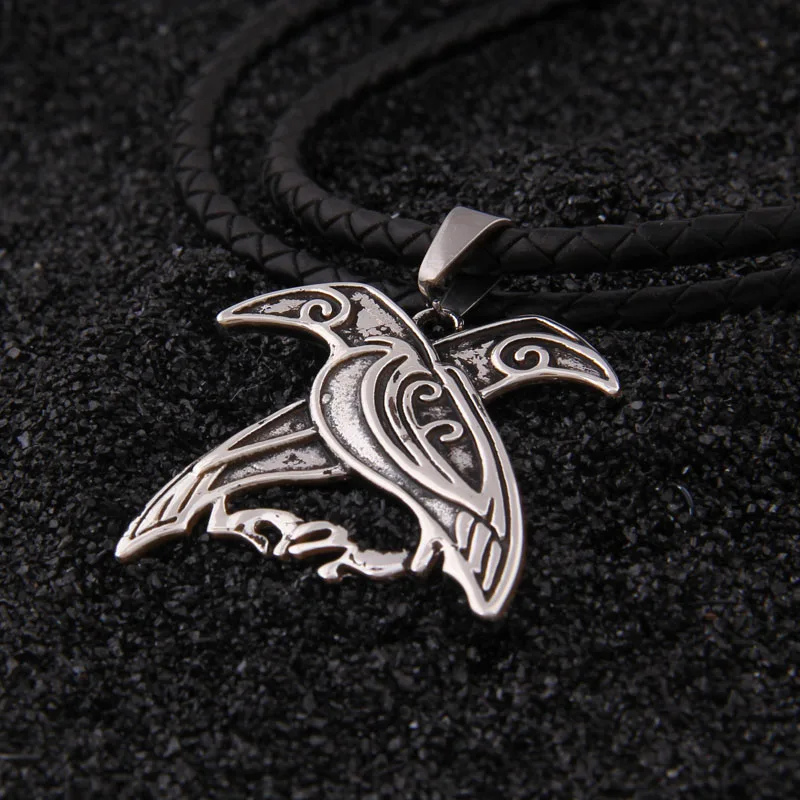 S925 sterling silver Norse Double Raven necklace with cow leather chain and keel chain and wood box as gift