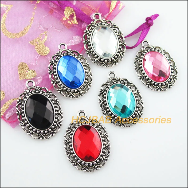 

6Pcs Tibetan Silver Color Flower Oval Mixed Crystal Charms Pendants 22x31.5mm