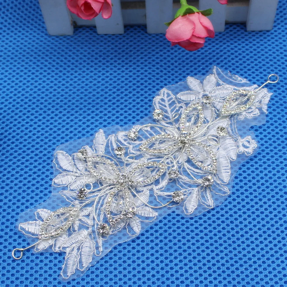 YACKALASI Cystal Diamond Headwear Rhinestone Bridal Hair Accessories 3D Floral Appliqued Wedding Lace Patches21*9cm