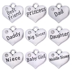 Teamer Family Series Charm Pendant for Necklace Letter Middle Sister Dad Best Friend Daughter Baby Girl Heart Charms DIY Jewelry