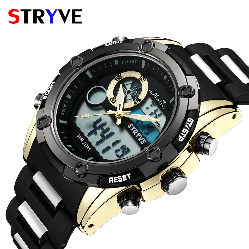 Summer Swim 30m Waterproof Sport Watch Stryve Brand Military Heavy Dial Men Dual Time Zone Quartz Digital Watch horloges mannen