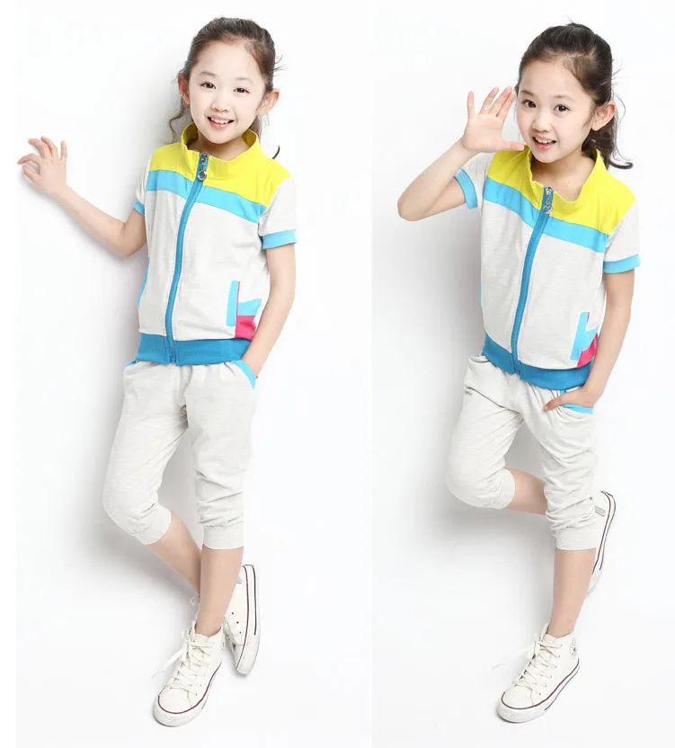 

2016 New girl's casual Summer clothes,children clothing sets, cotton t-shirt +half pants 2pieces, teenager sports suits 110-160