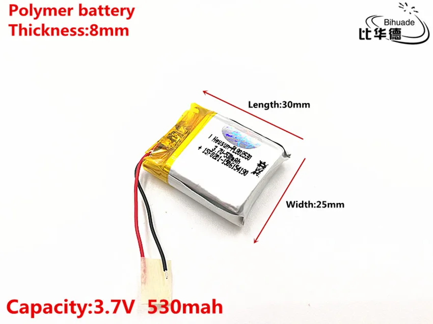 10pcs/lot Good Qulity 3.7V,530mAH,802530 Polymer lithium ion / Li-ion battery for TOY,POWER BANK,GPS,mp3,mp4