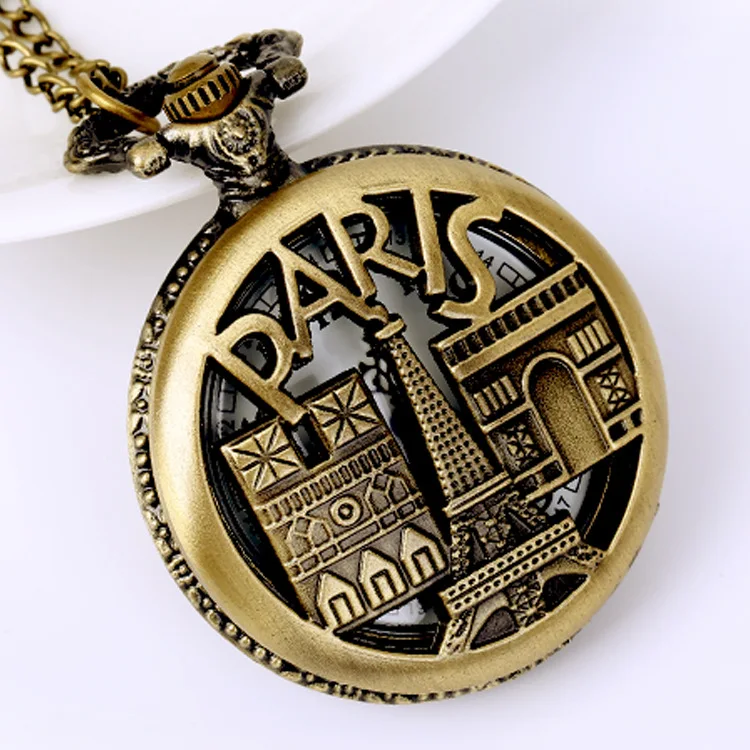 Hot West Watch Hollow Eiffel Tower Castle Pocket Watch Vintage Bronze Design Floral Engraved Back Case Pendant