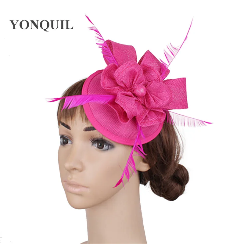 Imitation Sinamay Fabric Fascinator Hats With Feather Wedding Headwear Occasion Church Hat Bridal Accessories RETAIL 17 Colors