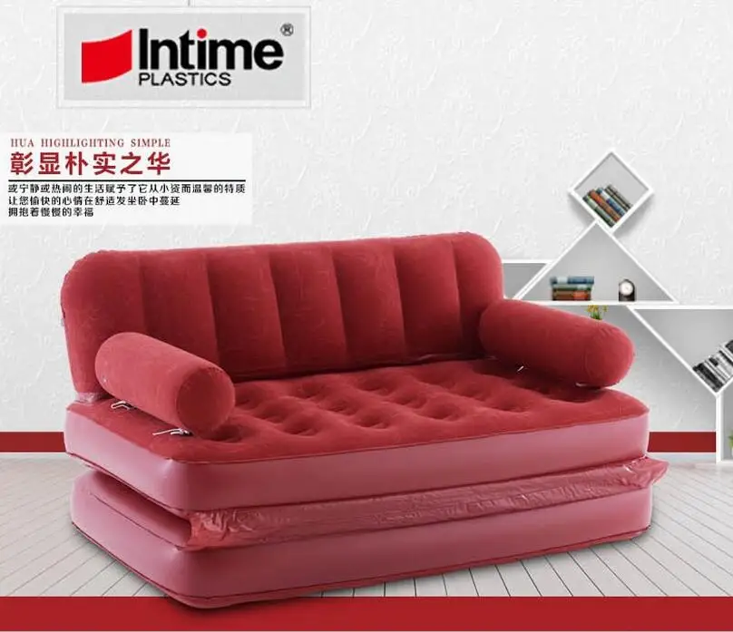 5 in 1 inflatable sofa bed flocking inflate sofa bed double bed folding sofa double inflated lounge chair,red large relax lounge