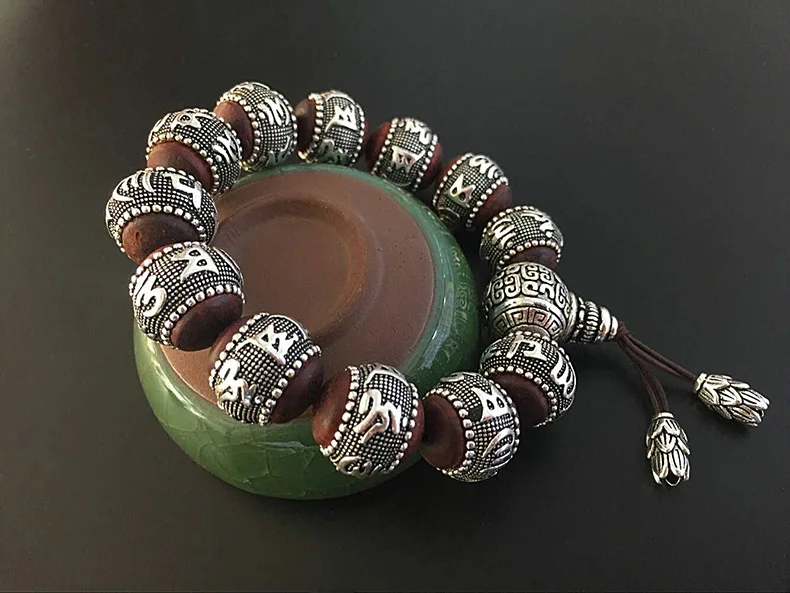 LKO S990 Sandalwood Traditional Tibetan Buddhism Bracelet Men Six Words Mantras OM MANI PADME HUM Antiqued Metal Amulets Beads