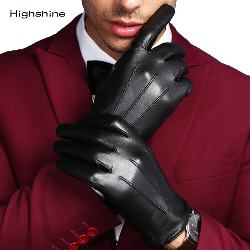 Men's Genuine Leather Gloves Real Sheepskin Black Touch Screen Gloves  Fashion Brand Winter Warm Mittens New