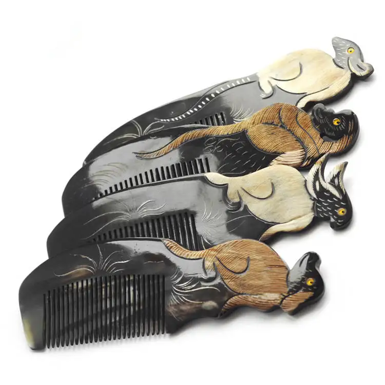 L001 Natural Black Buffalo Carved Chinese 12 Zodian Animals Comb Heathy Gift Combs 12pcs set free ship