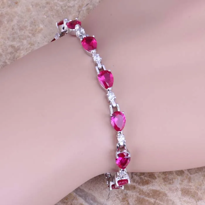 Charming Red Cubic Zirconia White CZ Silver Plated Link Chain Bracelet 6.5 - 7.5 inch S0587