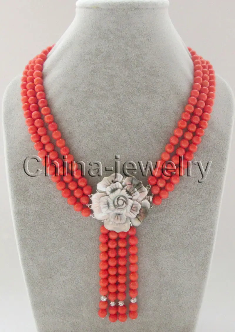 

FREE shipping 17-19"3row 7mm perfect round coral necklace + pendant - flower shell