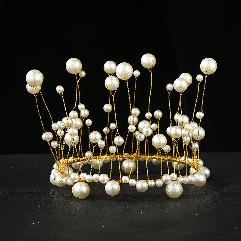 Metal Pearl Princess Crown Cake Topper Shiny Artificial Pearls Headdress Wedding&Engagement Cake Decora Birthday Topper Handmade image 4