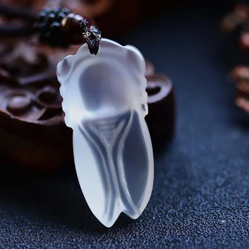 Chinese 100% Natural Jadeile Ice Chalcedony Cicada pendant necklace