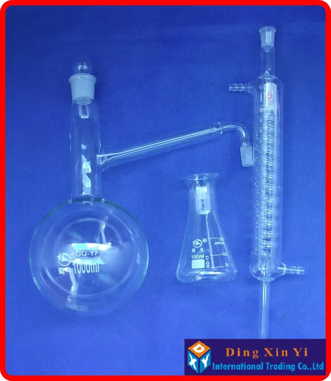 1000ml Distiling Apparatus with ground glass joints,Glass distillation unit,distillation flask+graham condenser+conical flask