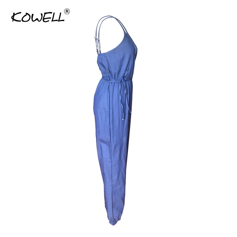 Kowell Denim Sleeveless Sexy Women Jumpsuit Romper Summer Deep V Neck Strap Backless Long Playsuit Fitness Overalls Party Club